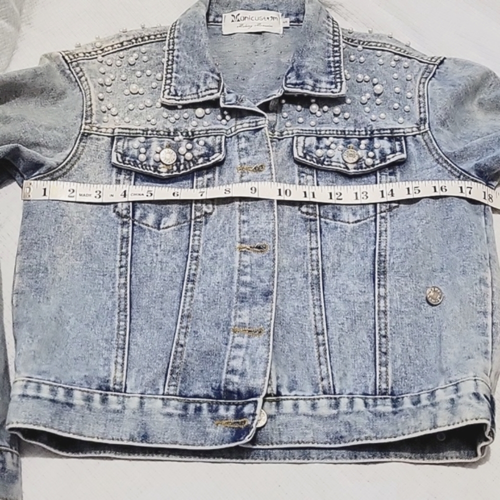 Monicustom Pearl Embellished Blue Denim Jacket Heather on Back Small - Picture 7 of 8